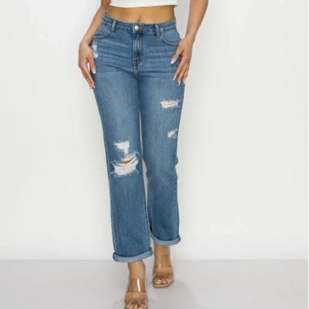 Encore High Rise Destroyed Straight Roll Cuff Jeans Size 11 Style #V2317M NWT